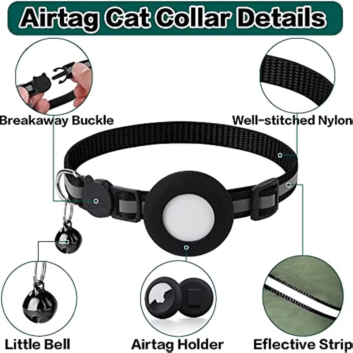 Reflective AirTag Cat Collar with Breakaway Safety Buckle